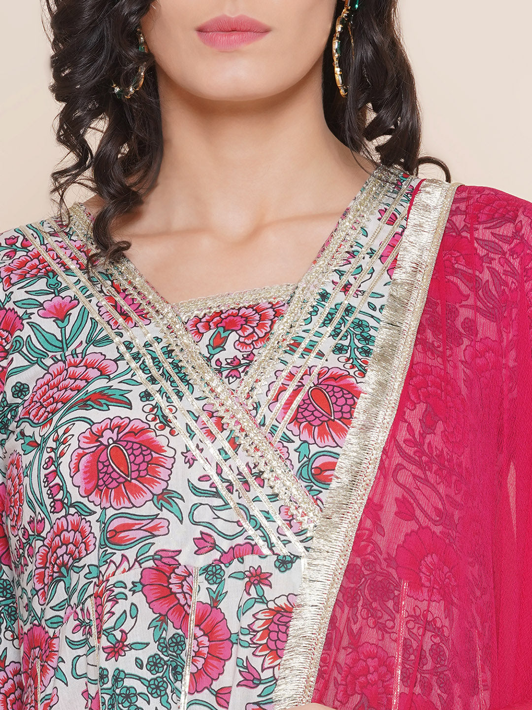 White Pink Multi Floral Printed Pannel Flared Gotta Details Kurta & Pink Palazzos With Dupatta