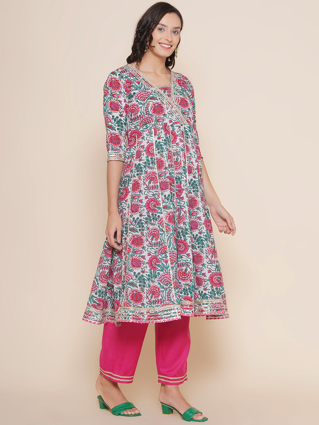 White Pink Multi Floral Printed Pannel Flared Gotta Details Kurta & Pink Palazzos With Dupatta