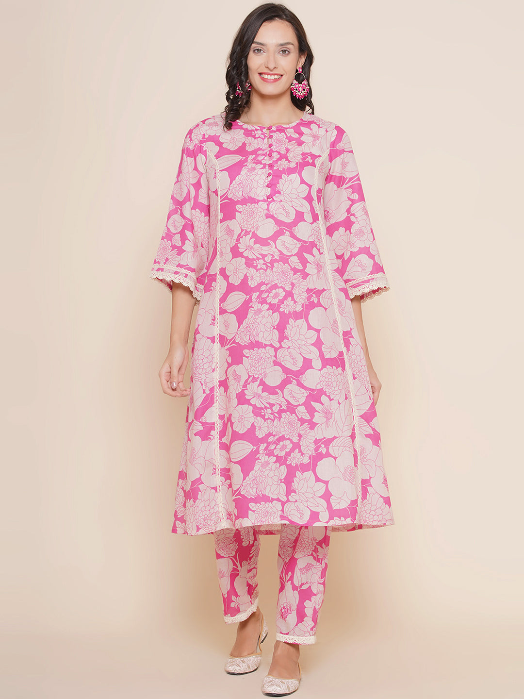 Pink Printed Lace Details kurta With Pink Printed Pants
