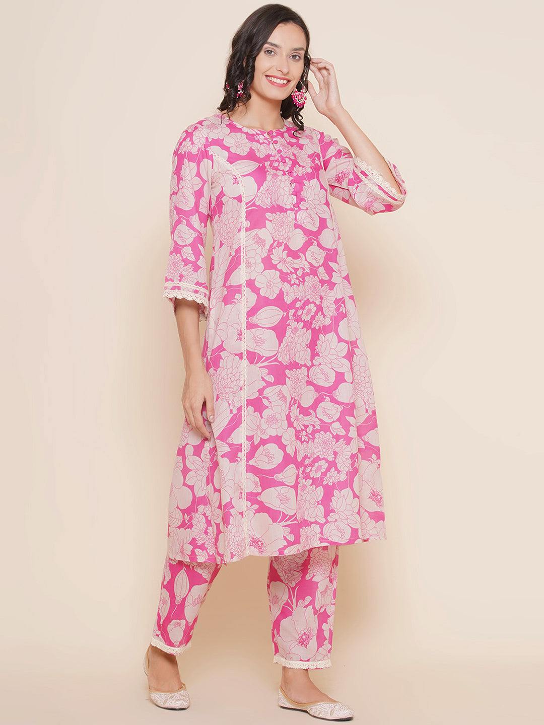 Pink Printed Lace Details kurta With Pink Printed Pants