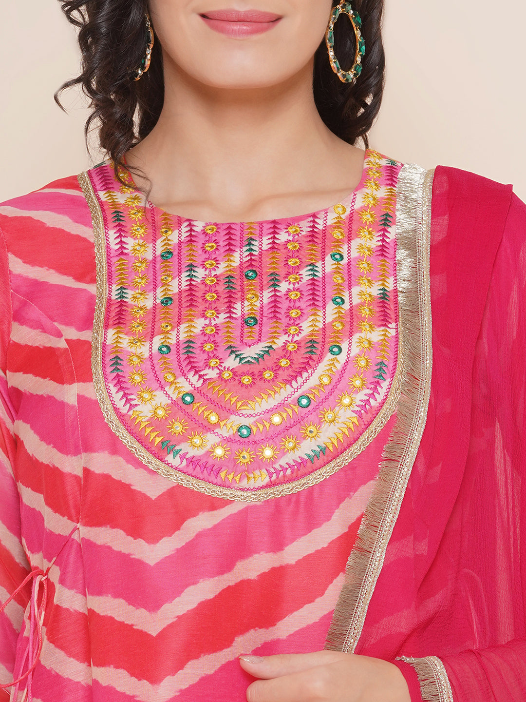 Bhama Couture Pink Leheriya Printed A-Line Yoke Embroidered Kurta & Pink Solid Plazzos With Dupatta