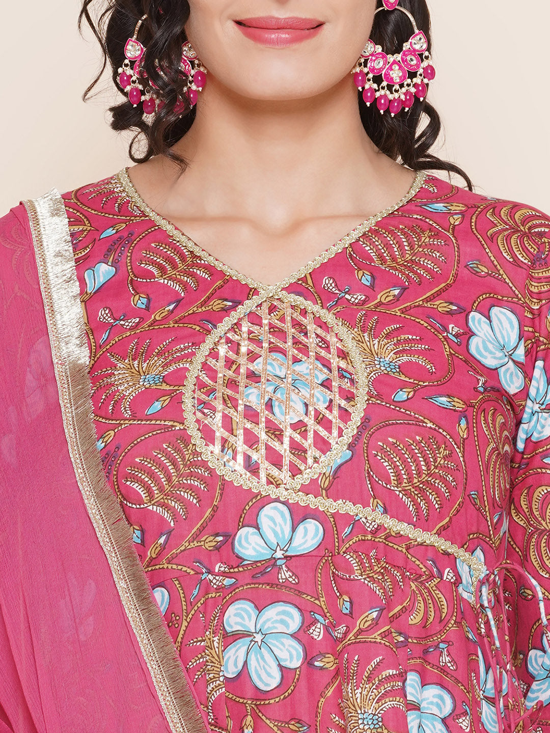 Pink Floral Printed Gotta Detailing Flared Anarkali Kurta & Pink Multi Printed Pant with Dupatta