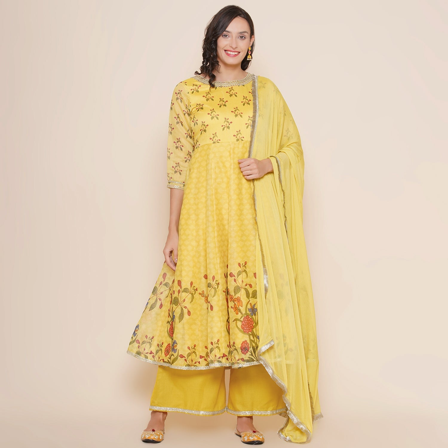 Yellow Floral Print A-line Anarkali Kurta & Yellow Solid Palazzos with Dupatta