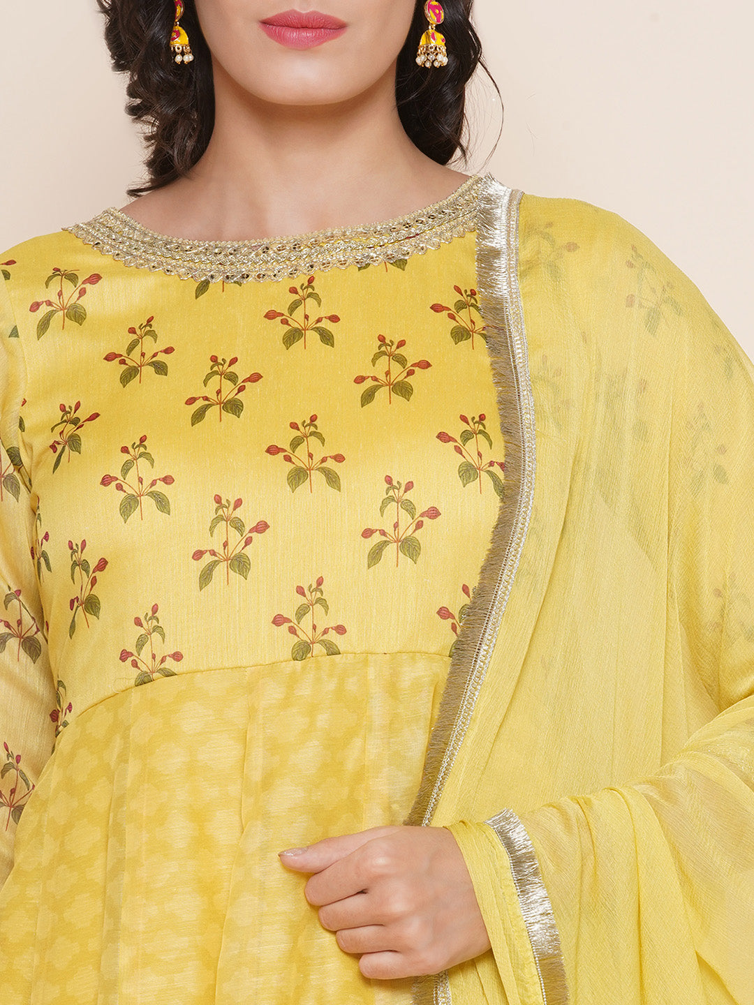 Yellow Floral Print A-line Anarkali Kurta & Yellow Solid Palazzos with Dupatta