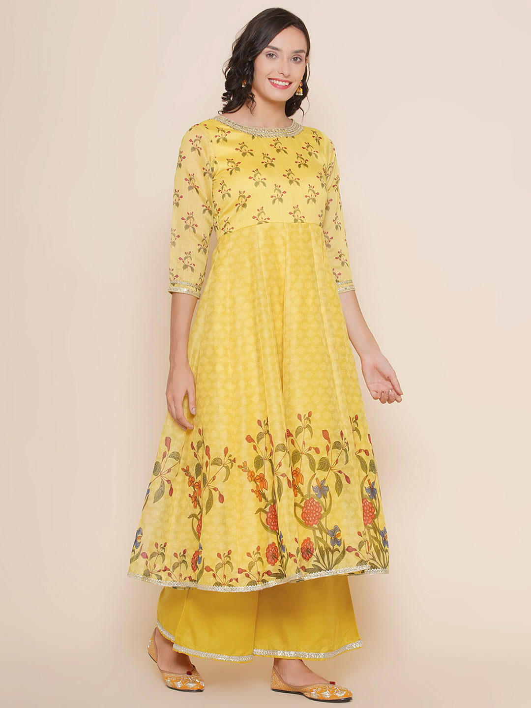 Yellow Floral Print A-line Anarkali Kurta & Yellow Solid Palazzos with Dupatta