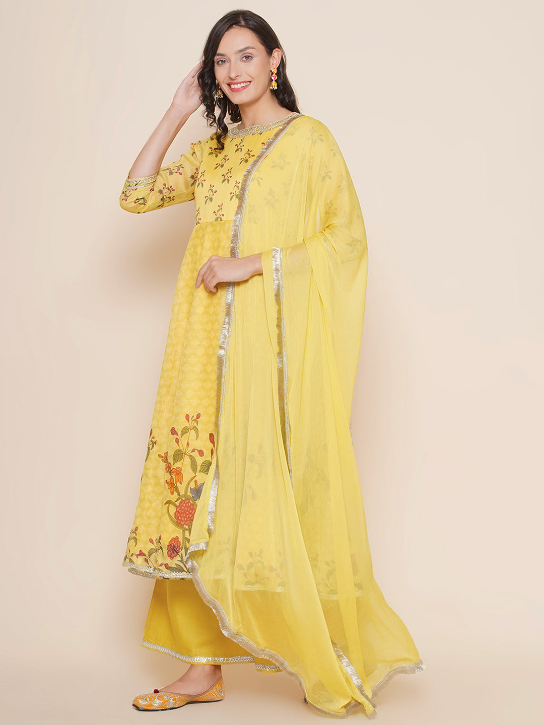 Yellow Floral Print A-line Anarkali Kurta & Yellow Solid Palazzos with Dupatta
