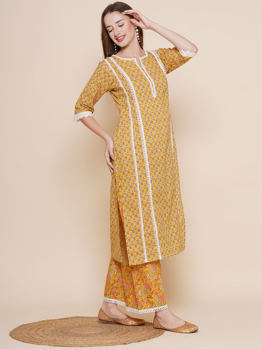 Women Mustard Yellow & Pink Printed Lace Details Kurta with Mustard Print Palazzos