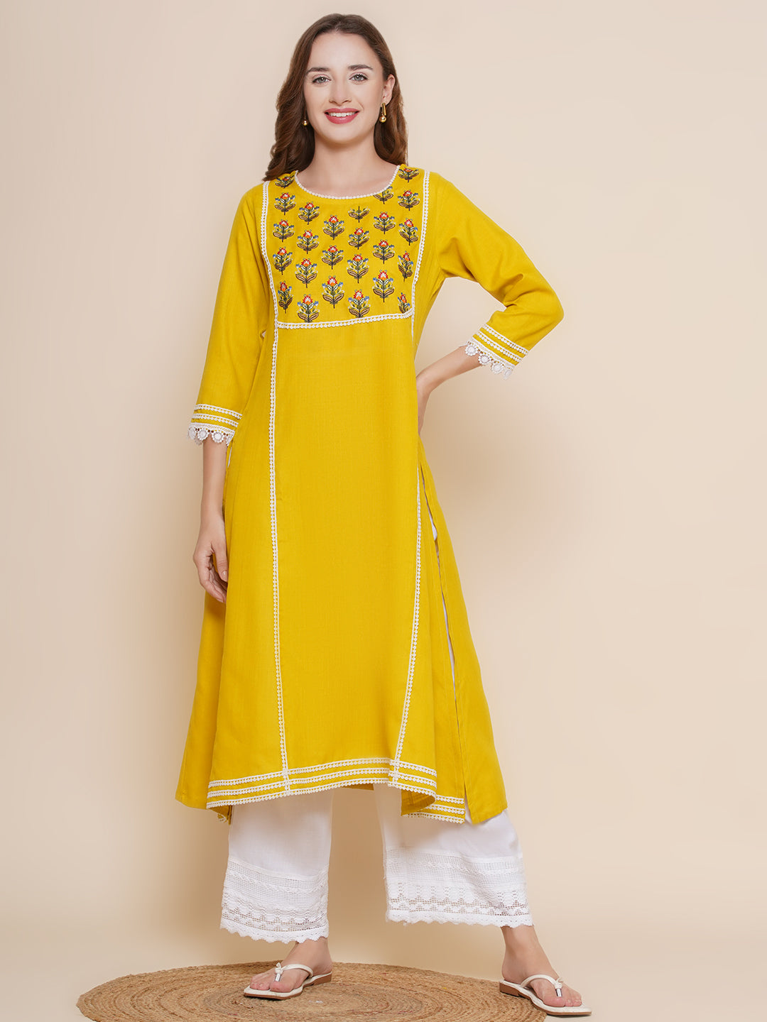 Yellow Yoke Design Embroidered Lace work Kurta With Off White Lace work Palazzos