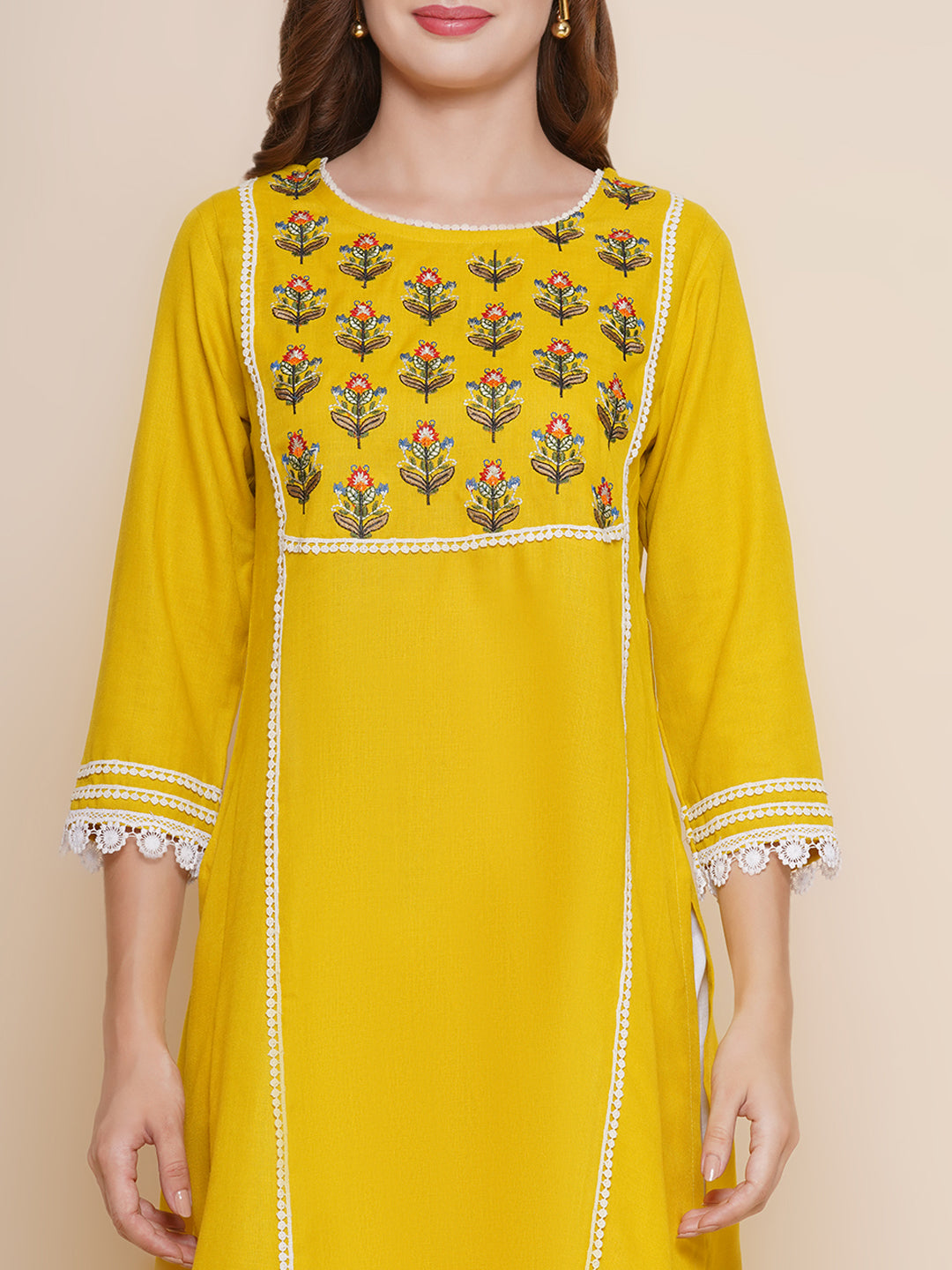 Yellow Yoke Design Embroidered Lace work Kurta With Off White Lace work Palazzos