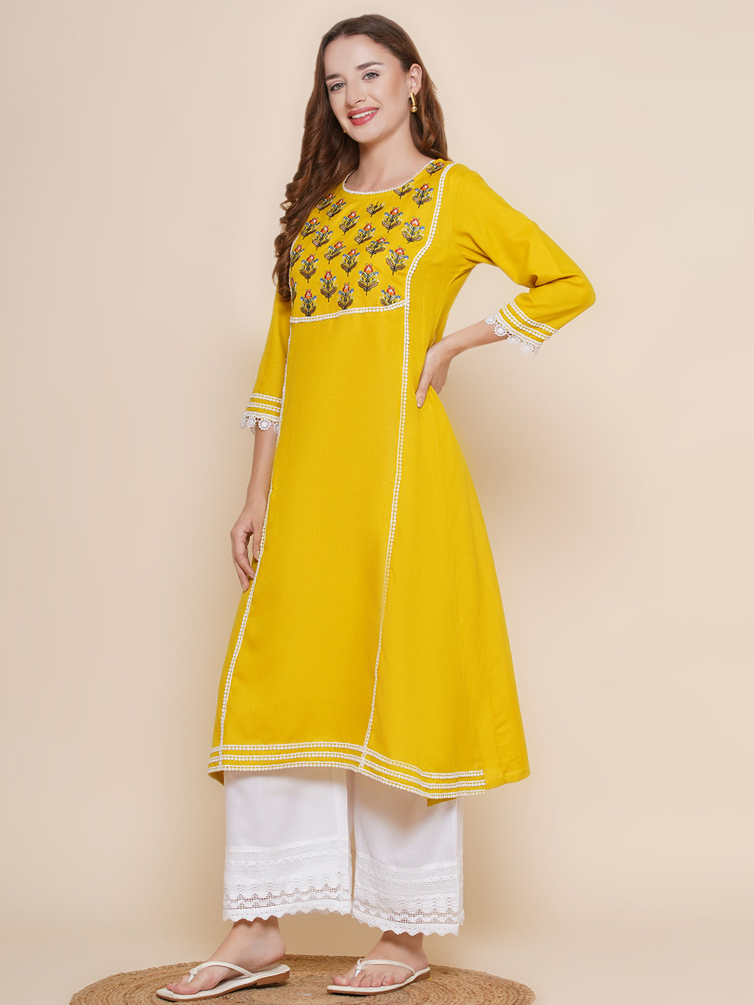 Yellow Yoke Design Embroidered Lace work Kurta With Off White Lace work Palazzos