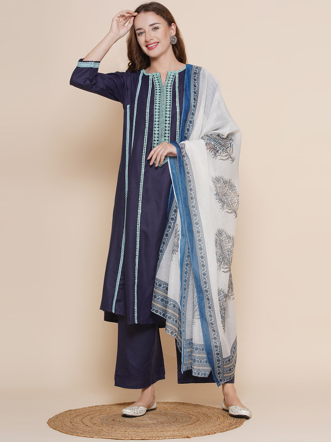 Women Navy Blue lace work A- line Kurta with Navy Blue Solid Palazzos & Printed Dupatta