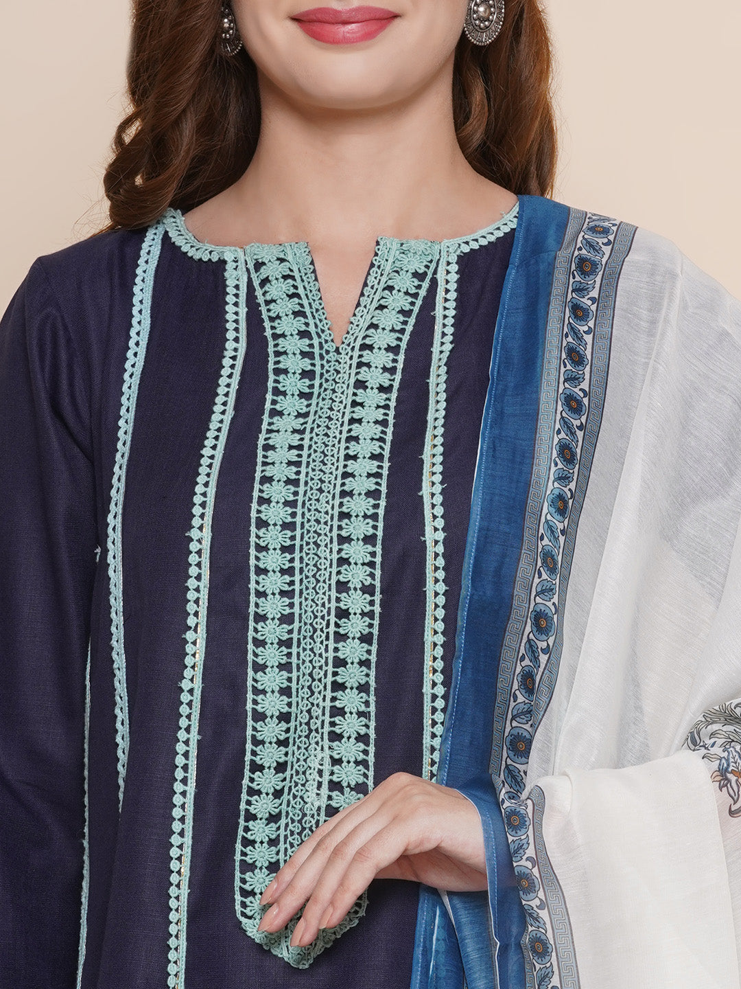 Women Navy Blue lace work A- line Kurta with Navy Blue Solid Palazzos & Printed Dupatta