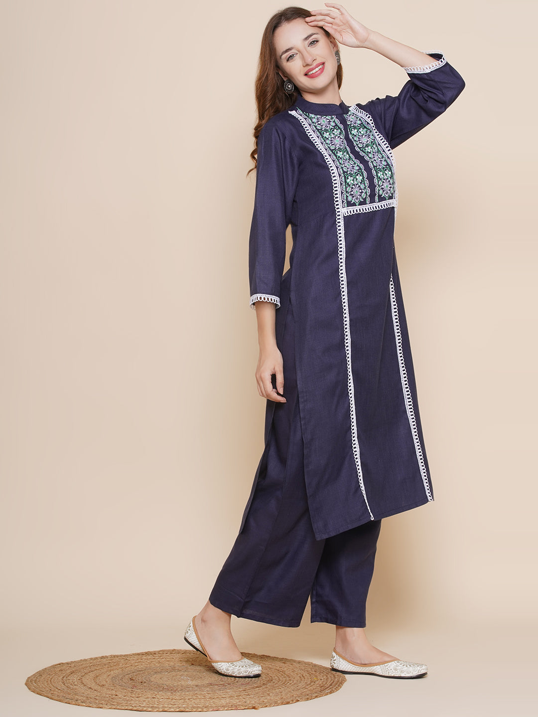 Women Navy Blue lace work A- line Kurta with Navy Blue Solid Palazzos & Printed Dupatta