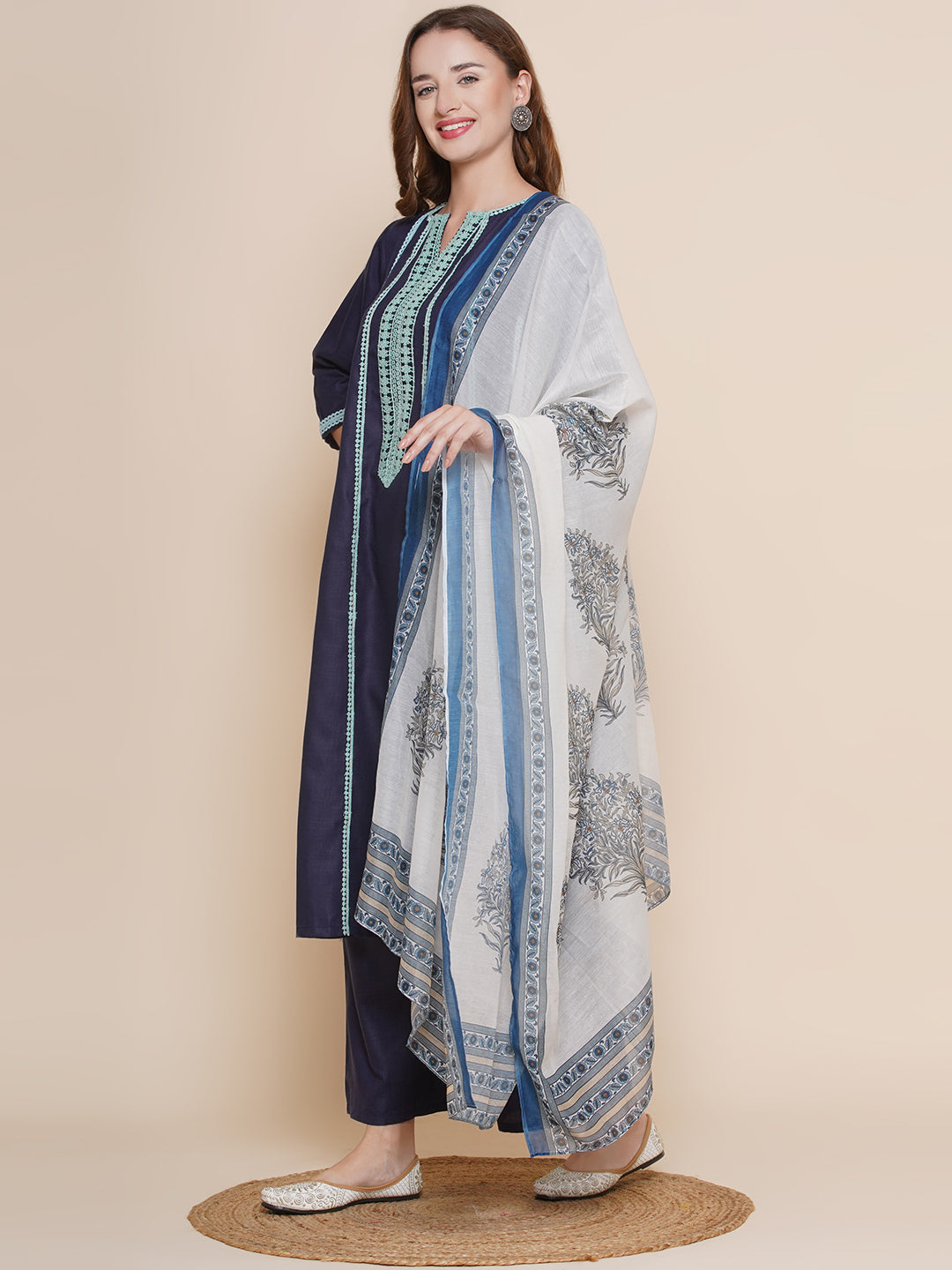 Women Navy Blue lace work A- line Kurta with Navy Blue Solid Palazzos & Printed Dupatta