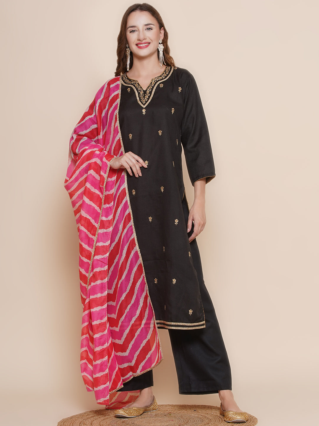 Women Black & Beige Embroidered Lace Work Kurta with Solid Palazzos & Leheriya Printed dupatta