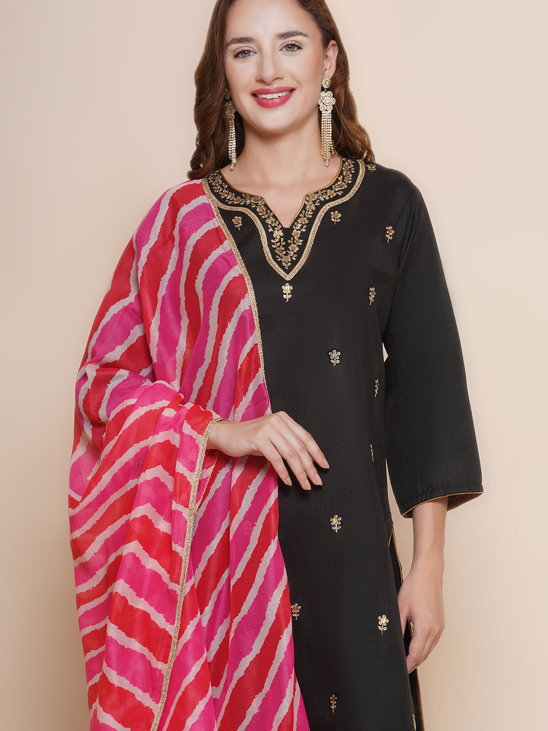 Women Black & Beige Embroidered Lace Work Kurta with Solid Palazzos & Leheriya Printed dupatta