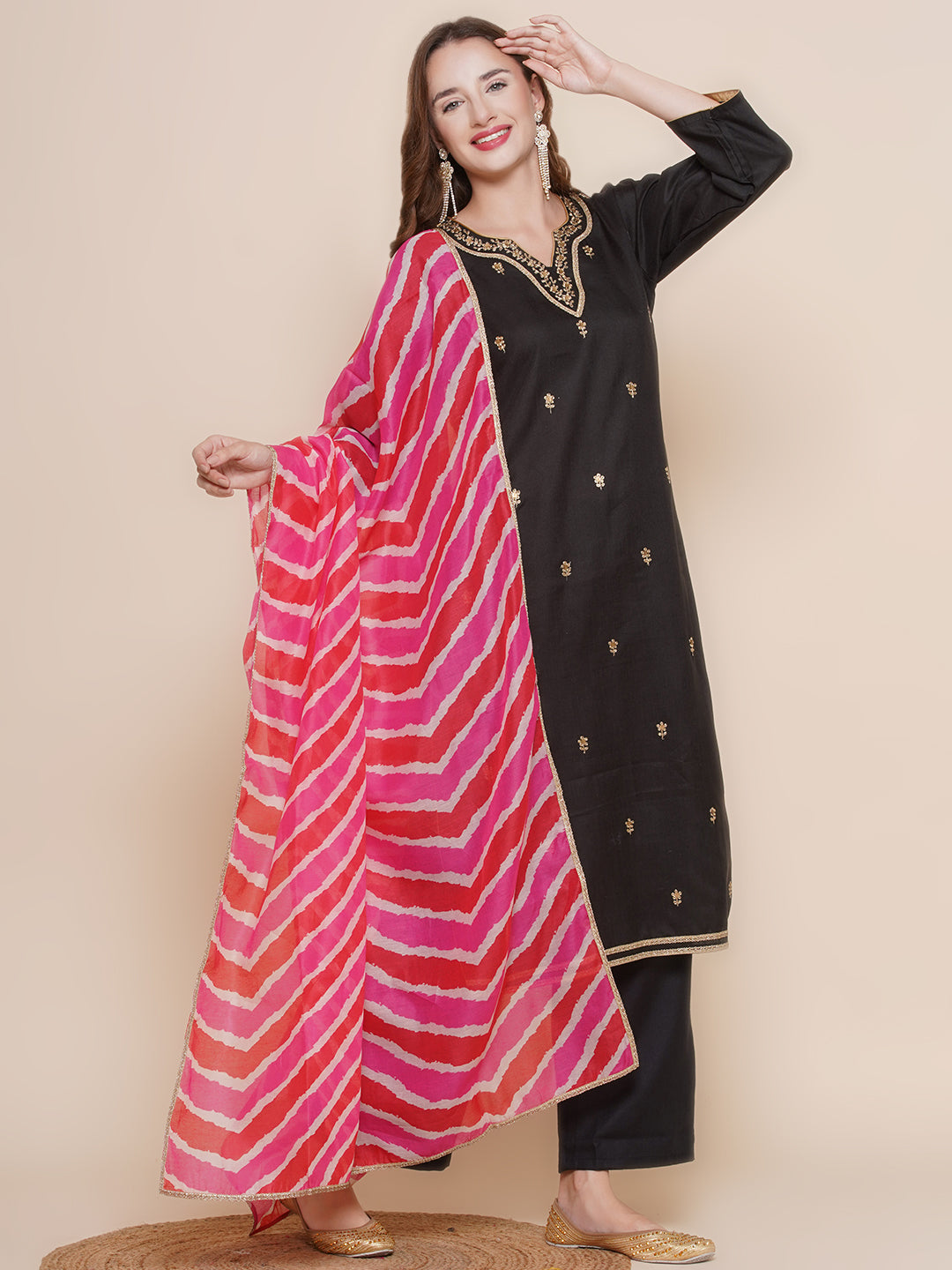 Women Black & Beige Embroidered Lace Work Kurta with Solid Palazzos & Leheriya Printed dupatta