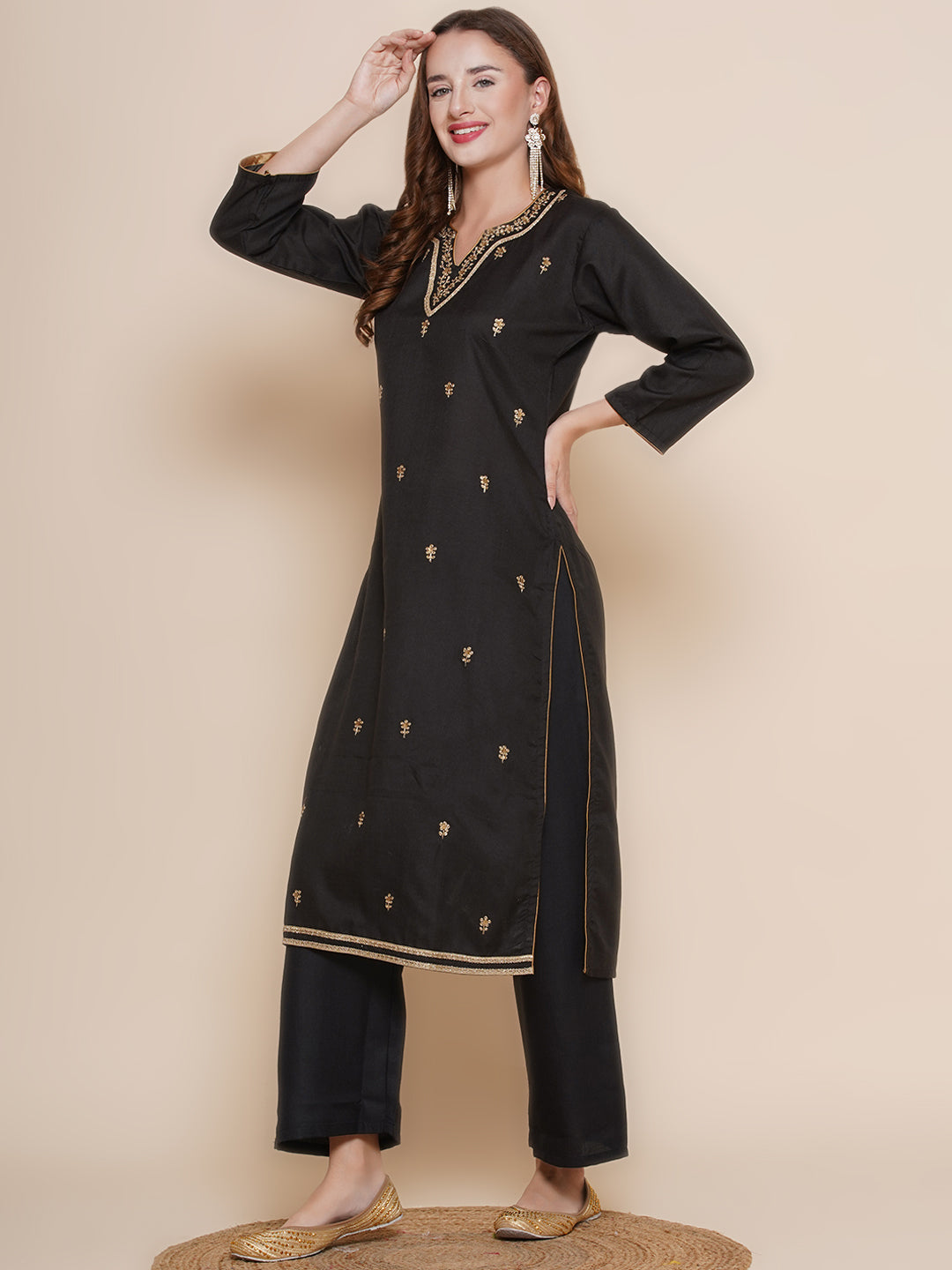 Women Black & Beige Embroidered Lace Work Kurta with Solid Palazzos & Leheriya Printed dupatta