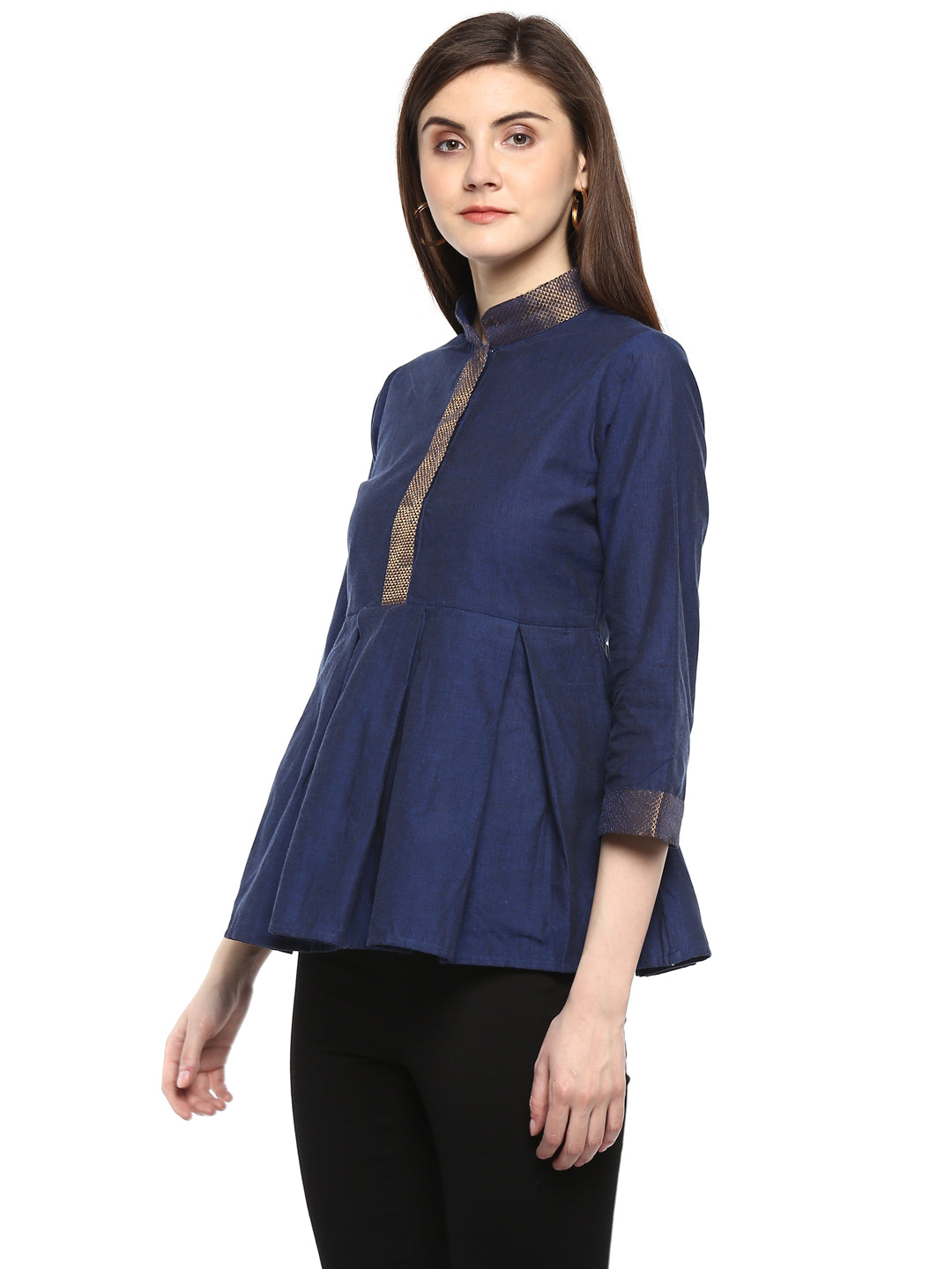 Bhama Couture Navy Blue Solid Cotton Top