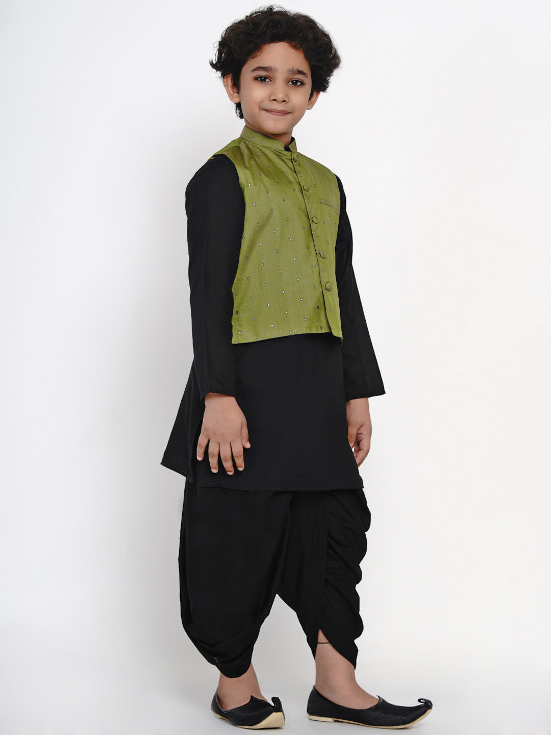 Boys Black & Green Solid Kurta with Dhoti Pants & Nehru Jacket