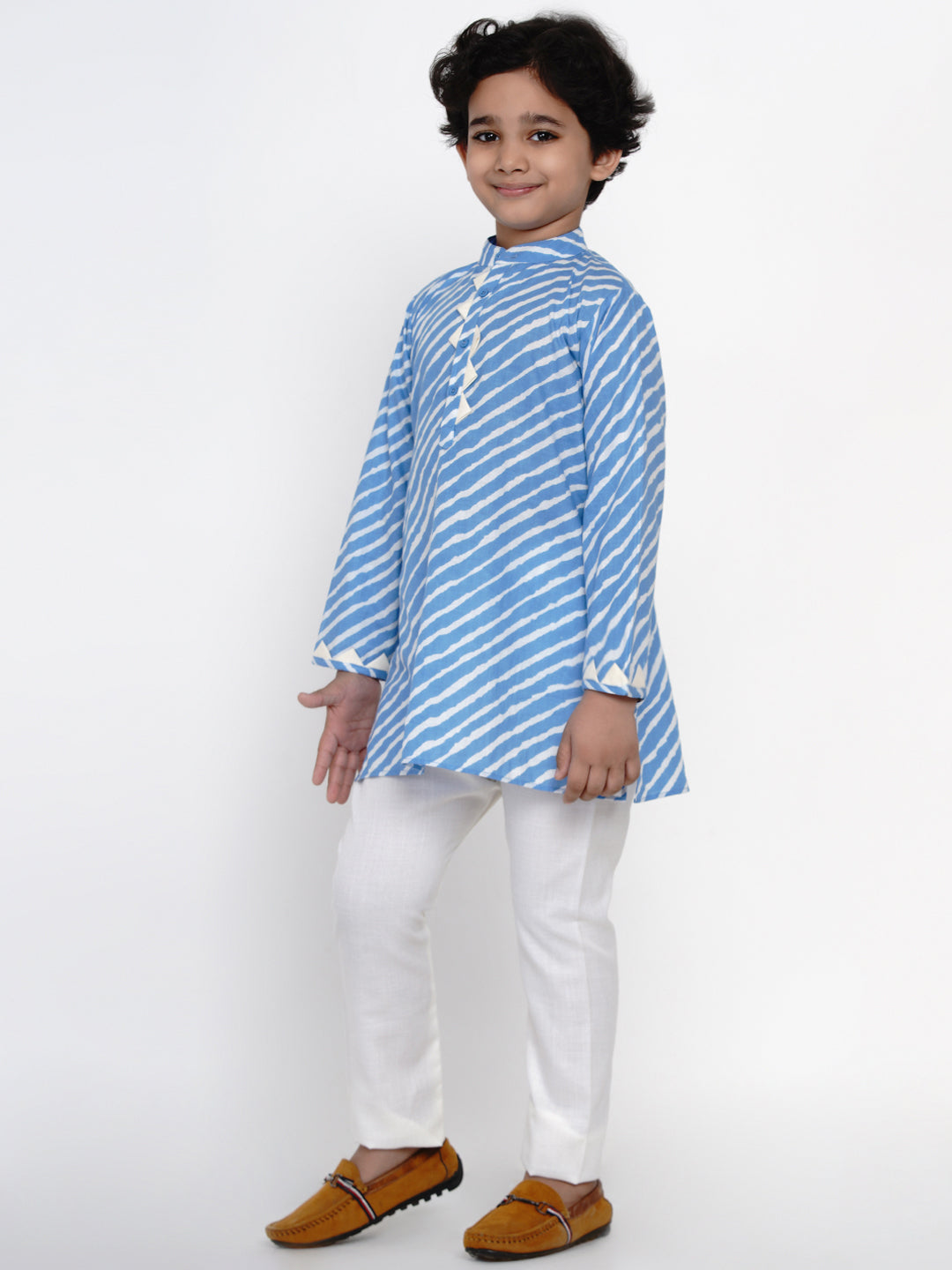 Boys Blue & White Striped Kurti with Pyjamas