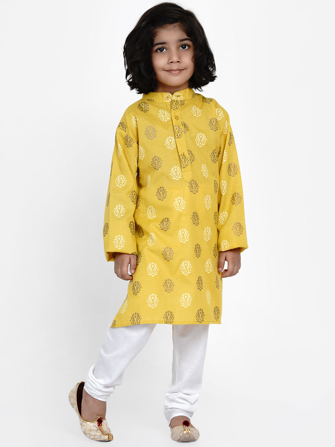 Boys Mustard & White Printed Kurta with Pyjamas