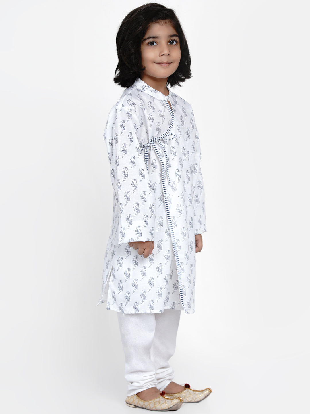 Boys White Printed Angrakha Kurta with Pyjamas