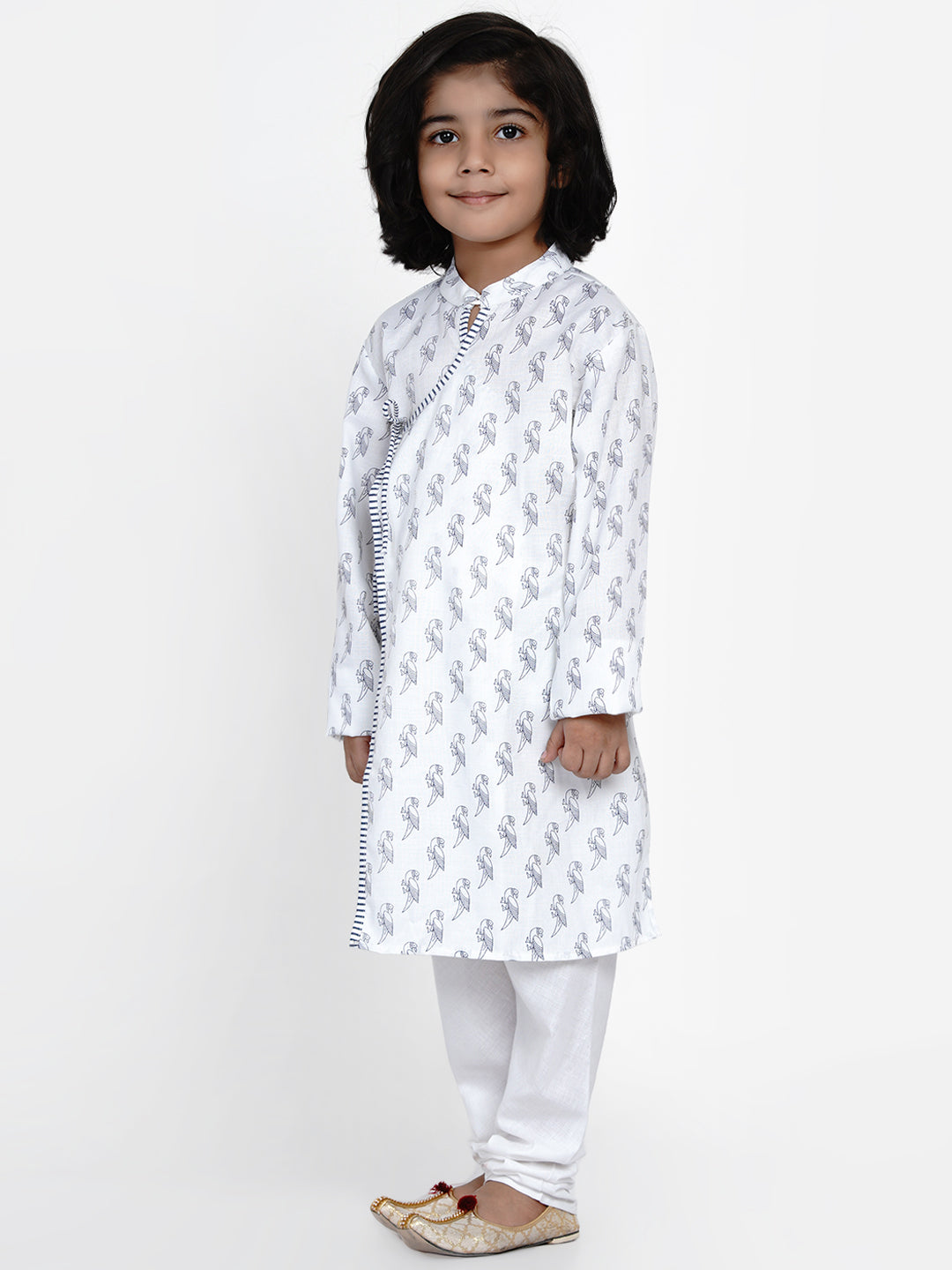 Boys White Printed Angrakha Kurta with Pyjamas