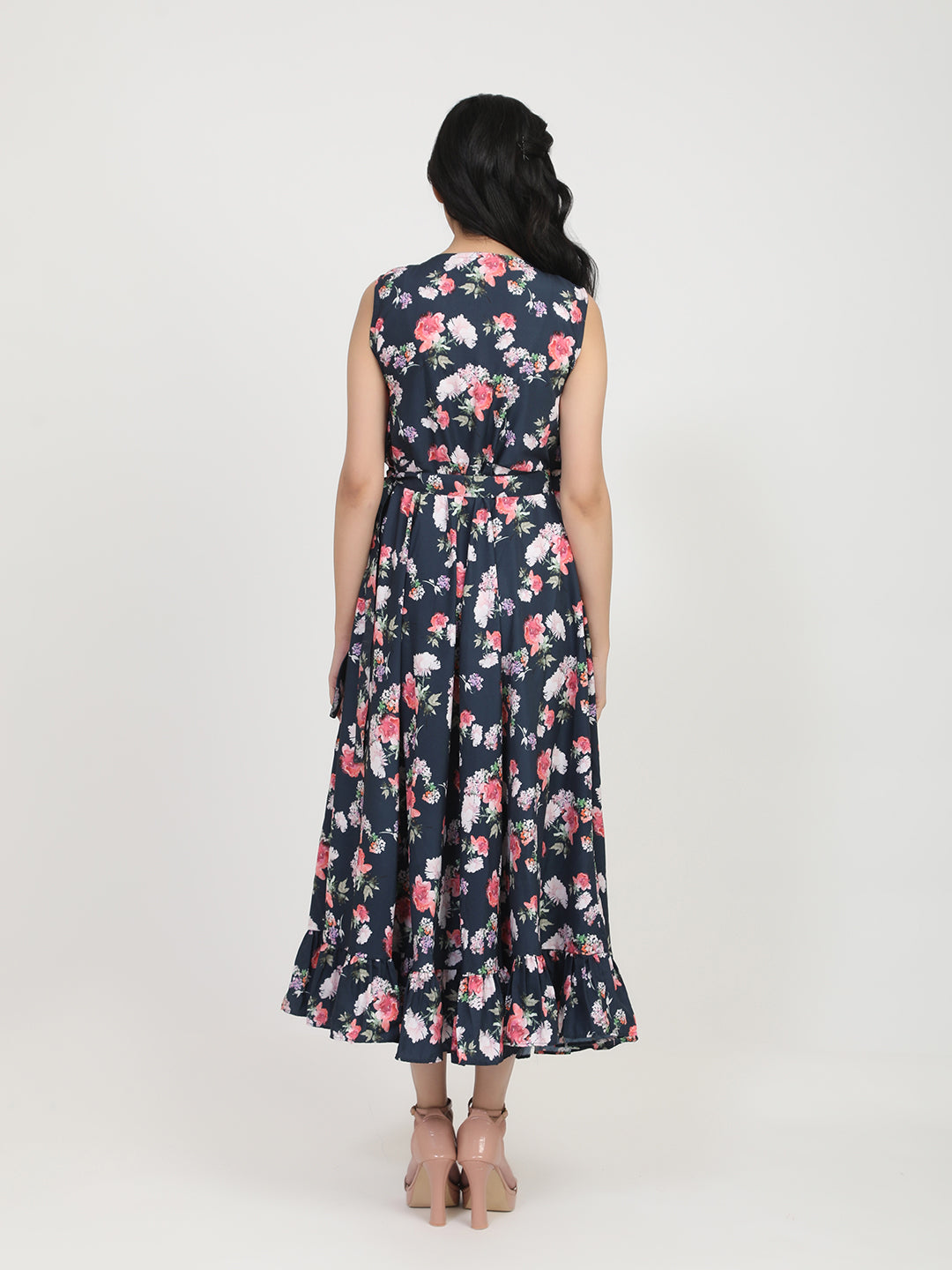 Bhama Couture Women Navy Blue Floral Crepe Maxi Dress
