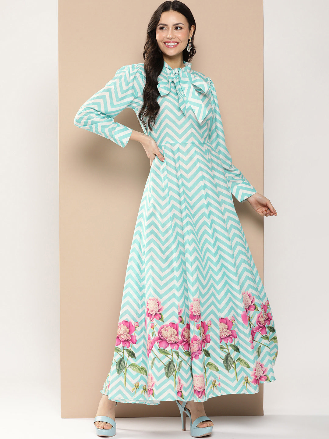 Bhama Couture Turquoise Blue Printed Long Dress With Tie-Up Neck