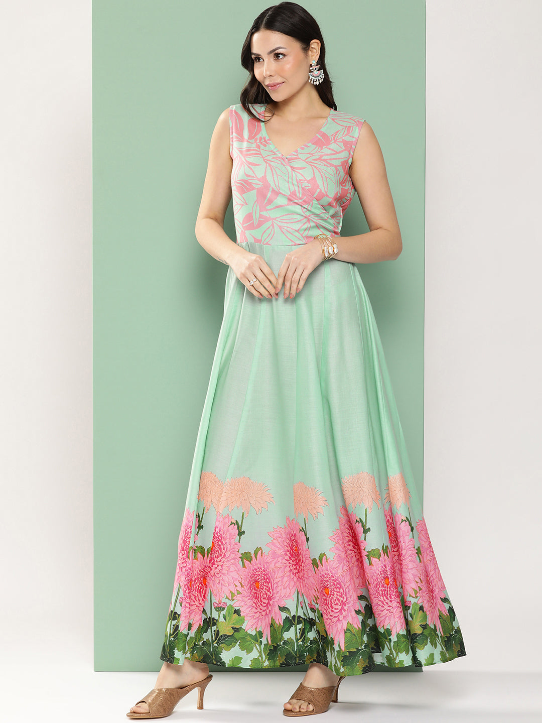 Bhama Couture Turquoise Blue Printed Long Dress With V-Neck