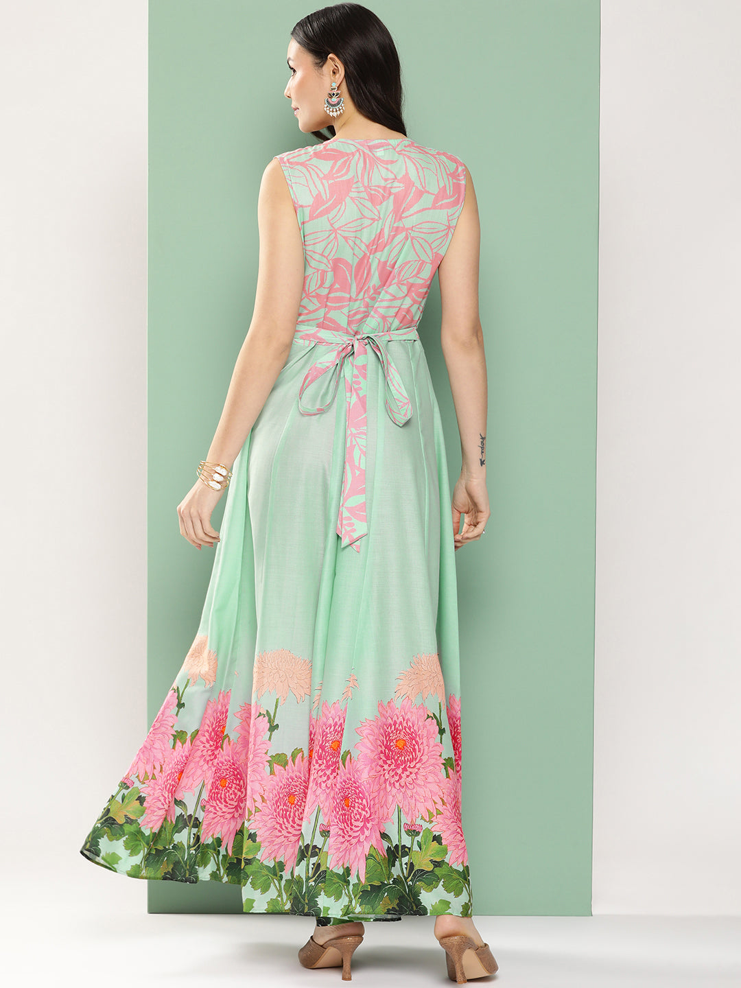 Bhama Couture Turquoise Blue Printed Long Dress With V-Neck