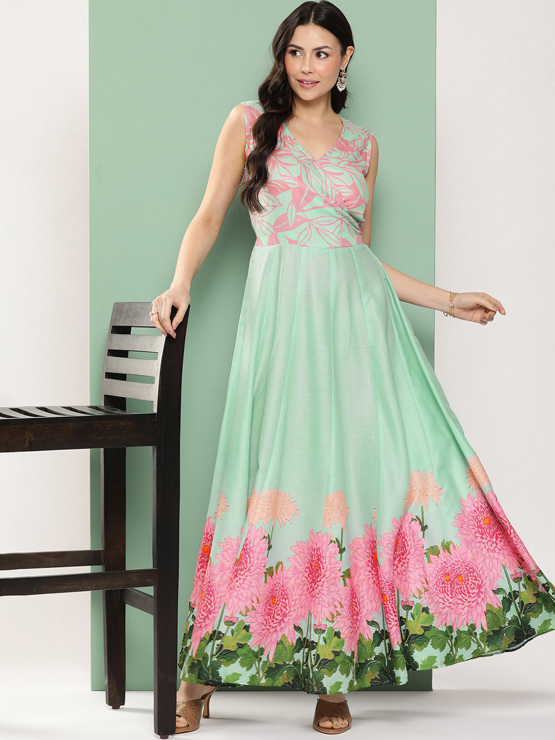 Bhama Couture Turquoise Blue Printed Long Dress With V-Neck