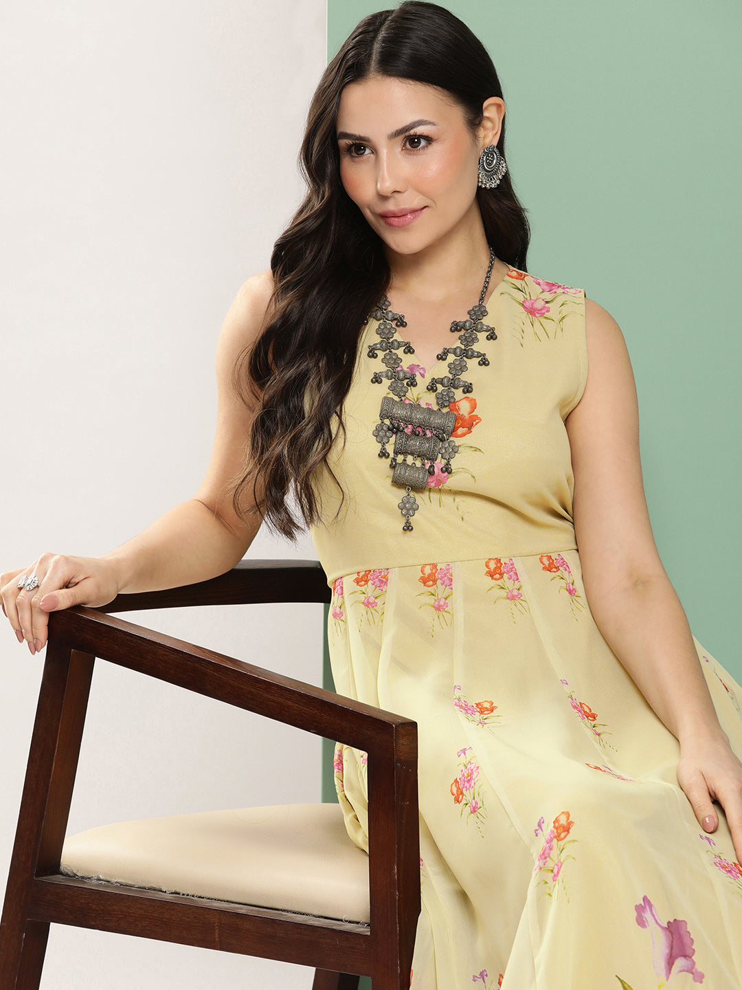 Bhama Couture Yellow Printed Long Dress V-Neck With Lace Details