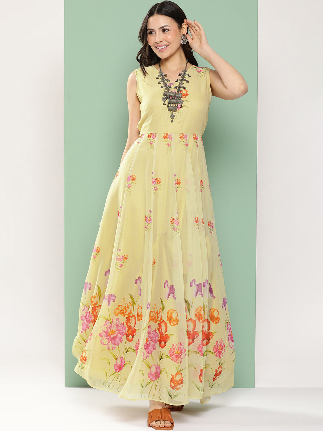 Bhama Couture Yellow Printed Long Dress V-Neck With Lace Details