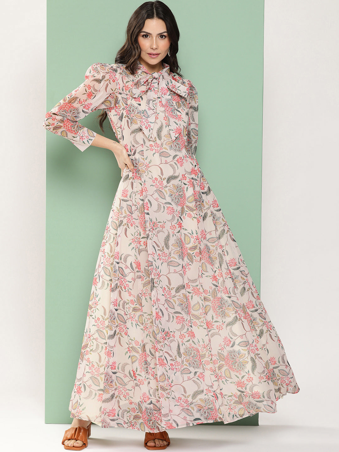 Bhama Couture Off-White Printed Long Dress With Tie-Up Neck