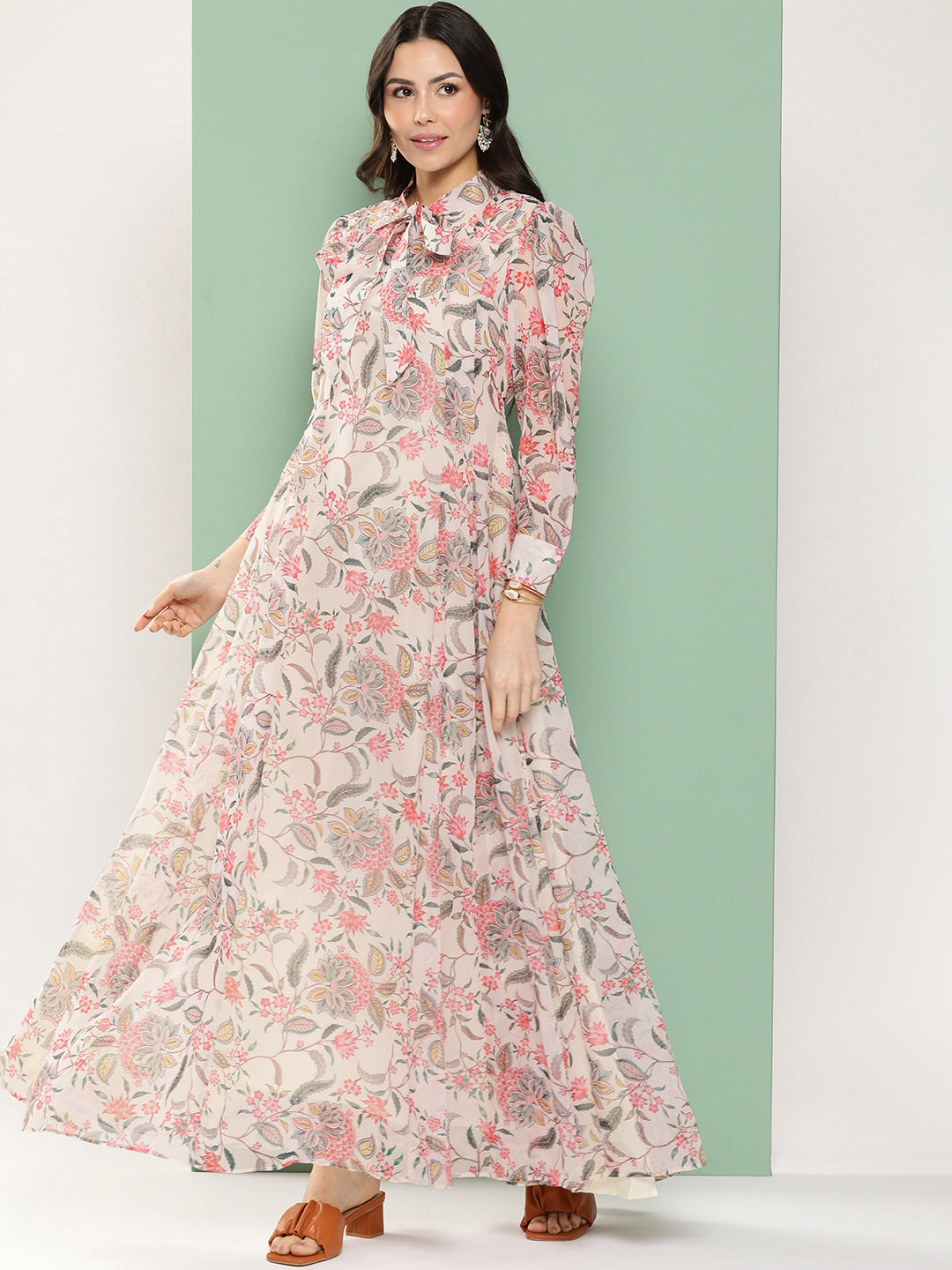 Bhama Couture Off-White Printed Long Dress With Tie-Up Neck