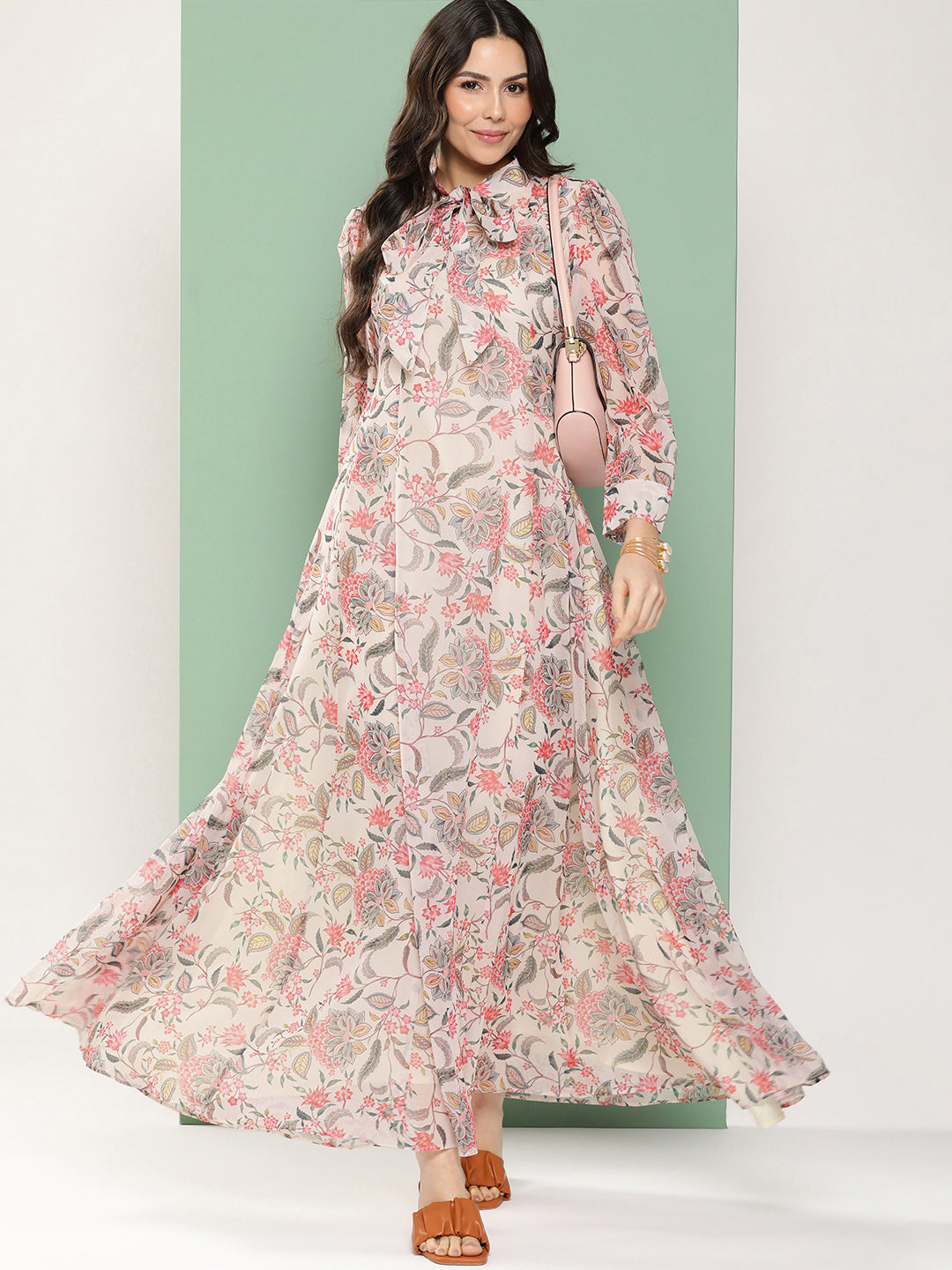 Bhama Couture Off-White Printed Long Dress With Tie-Up Neck