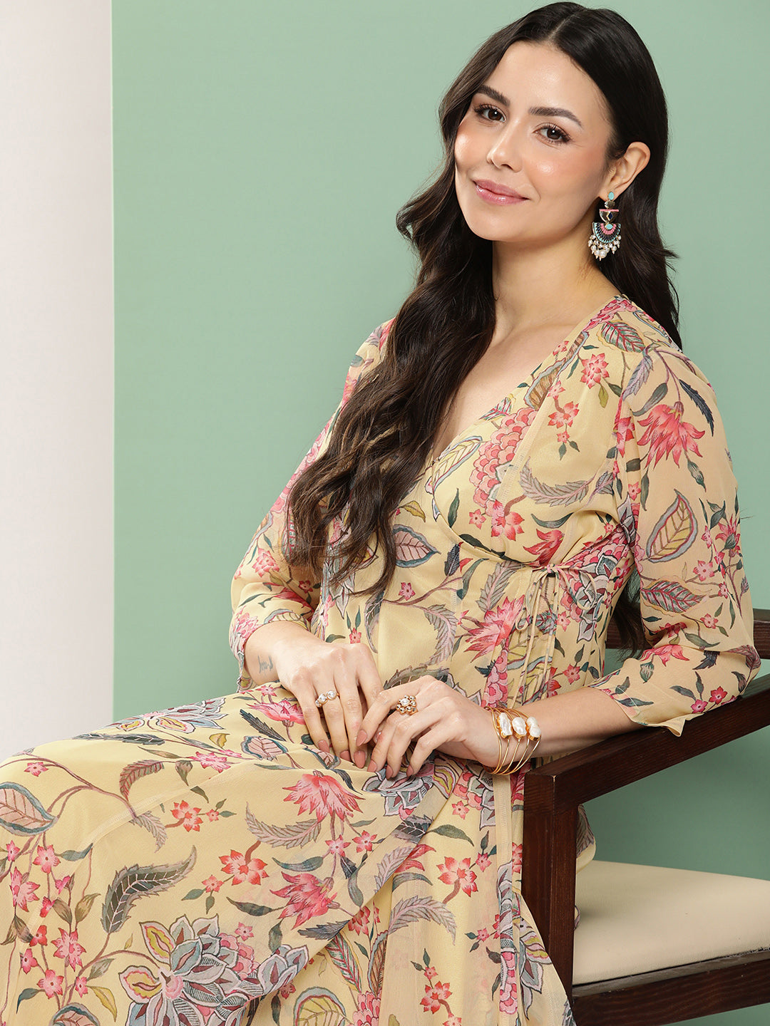 Bhama Couture Yellow Printed Angrakha Long Dress With V-Neck