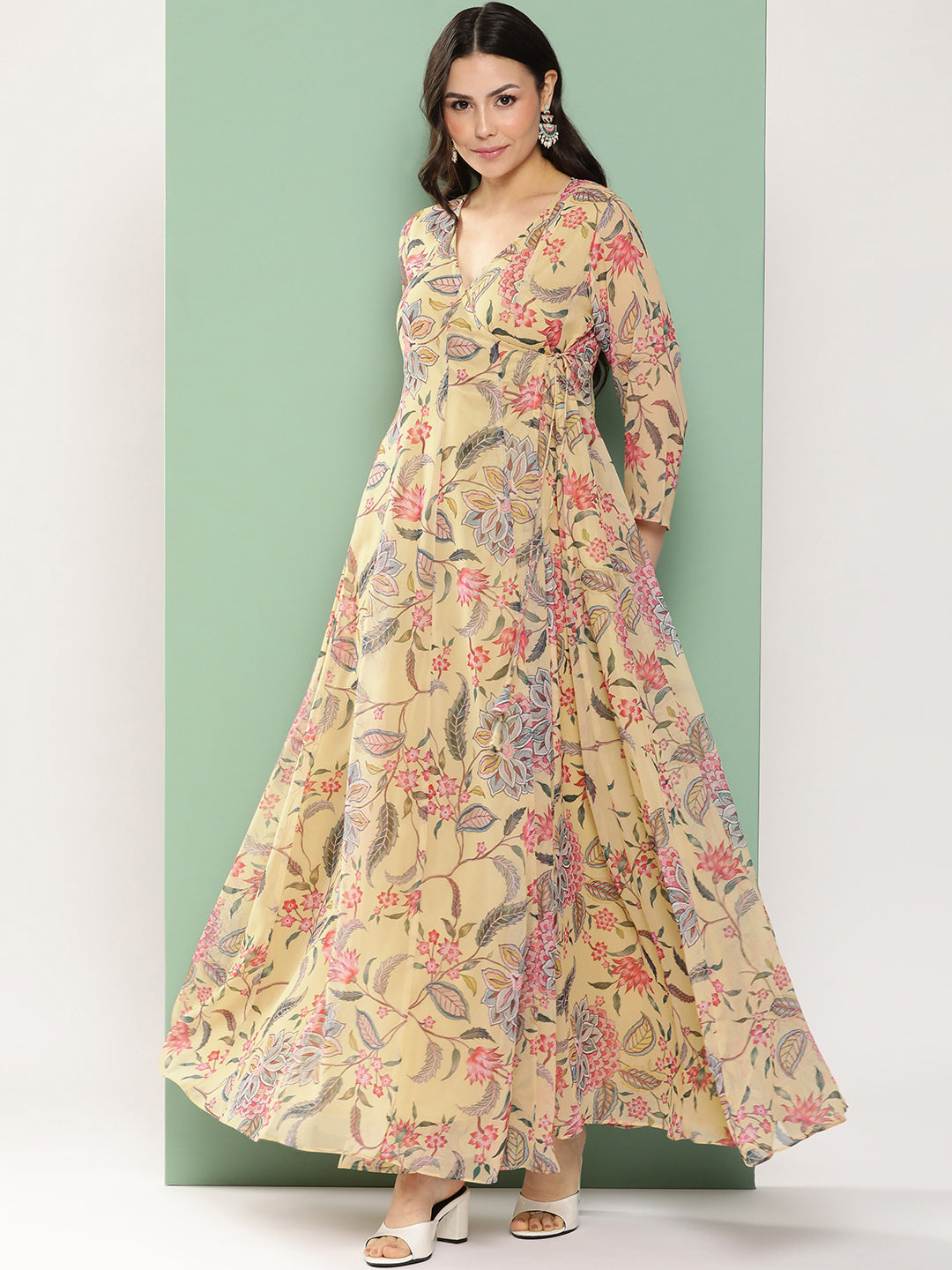 Bhama Couture Yellow Printed Angrakha Long Dress With V-Neck