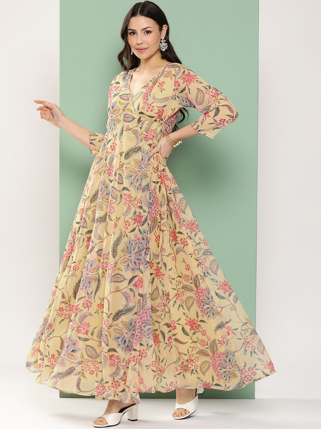 Bhama Couture Yellow Printed Angrakha Long Dress With V-Neck
