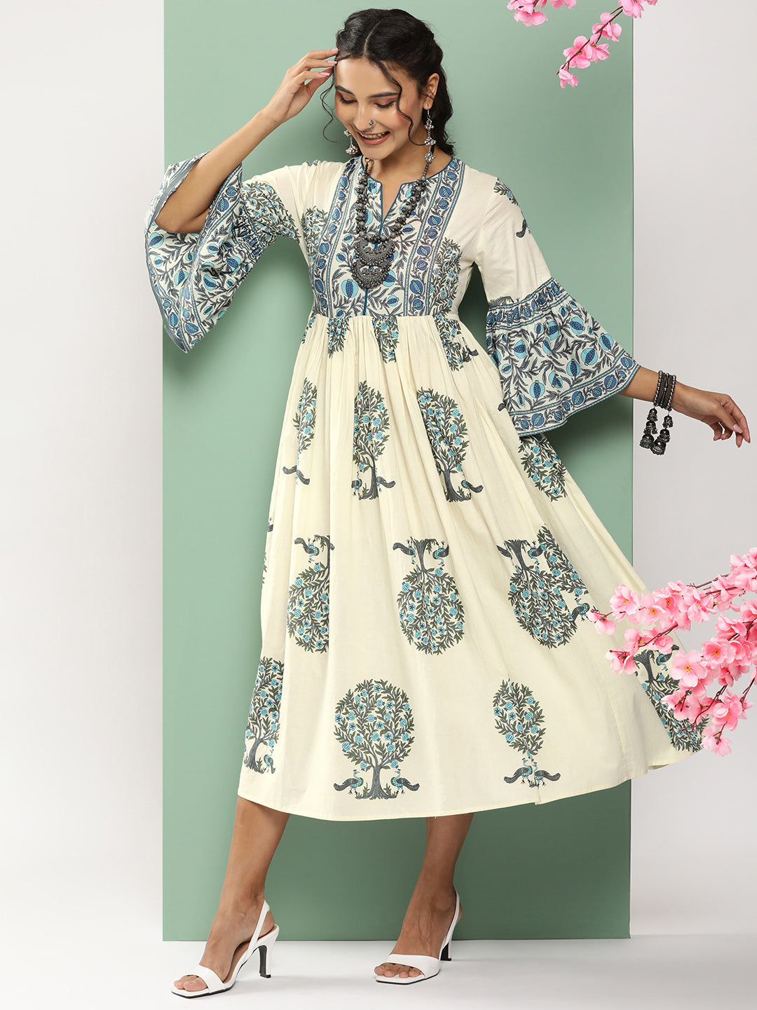Bhama Couture Off-White Printed Long Dress With Waist Belt
