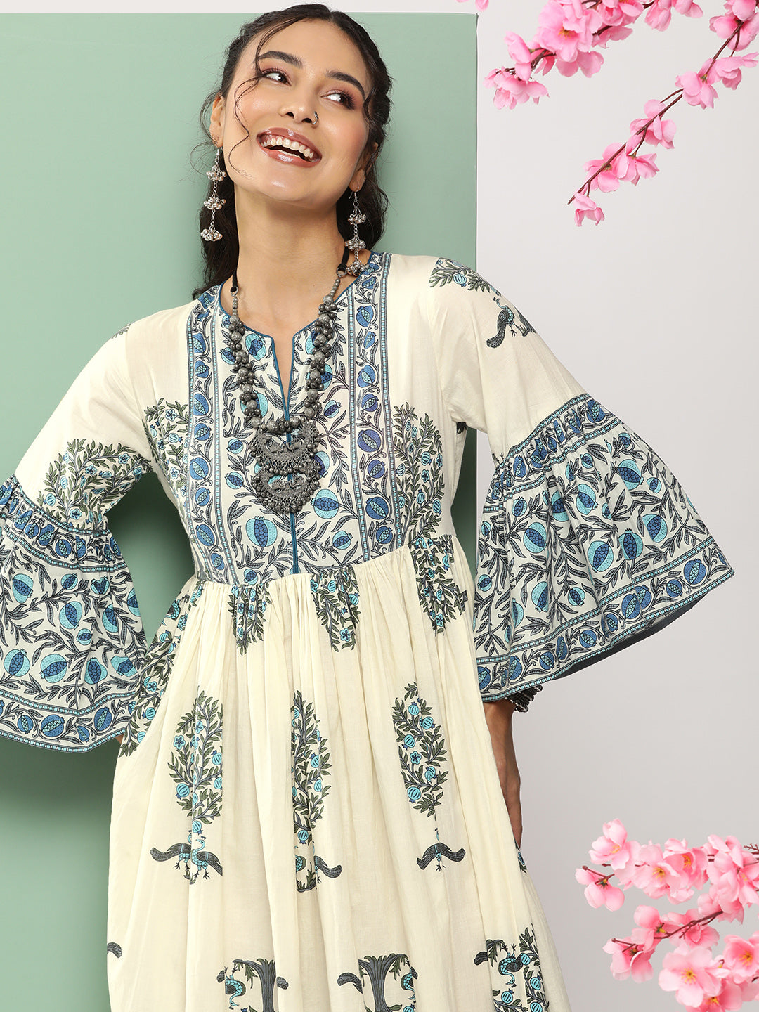 Bhama Couture Off-White Printed Long Dress With Waist Belt
