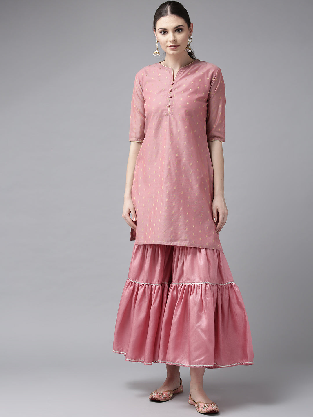 Pink And Golden Self Design Kurta With Sharara