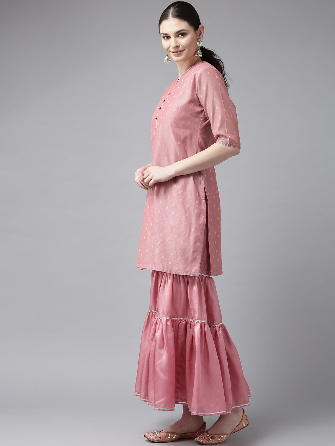 Pink And Golden Self Design Kurta With Sharara