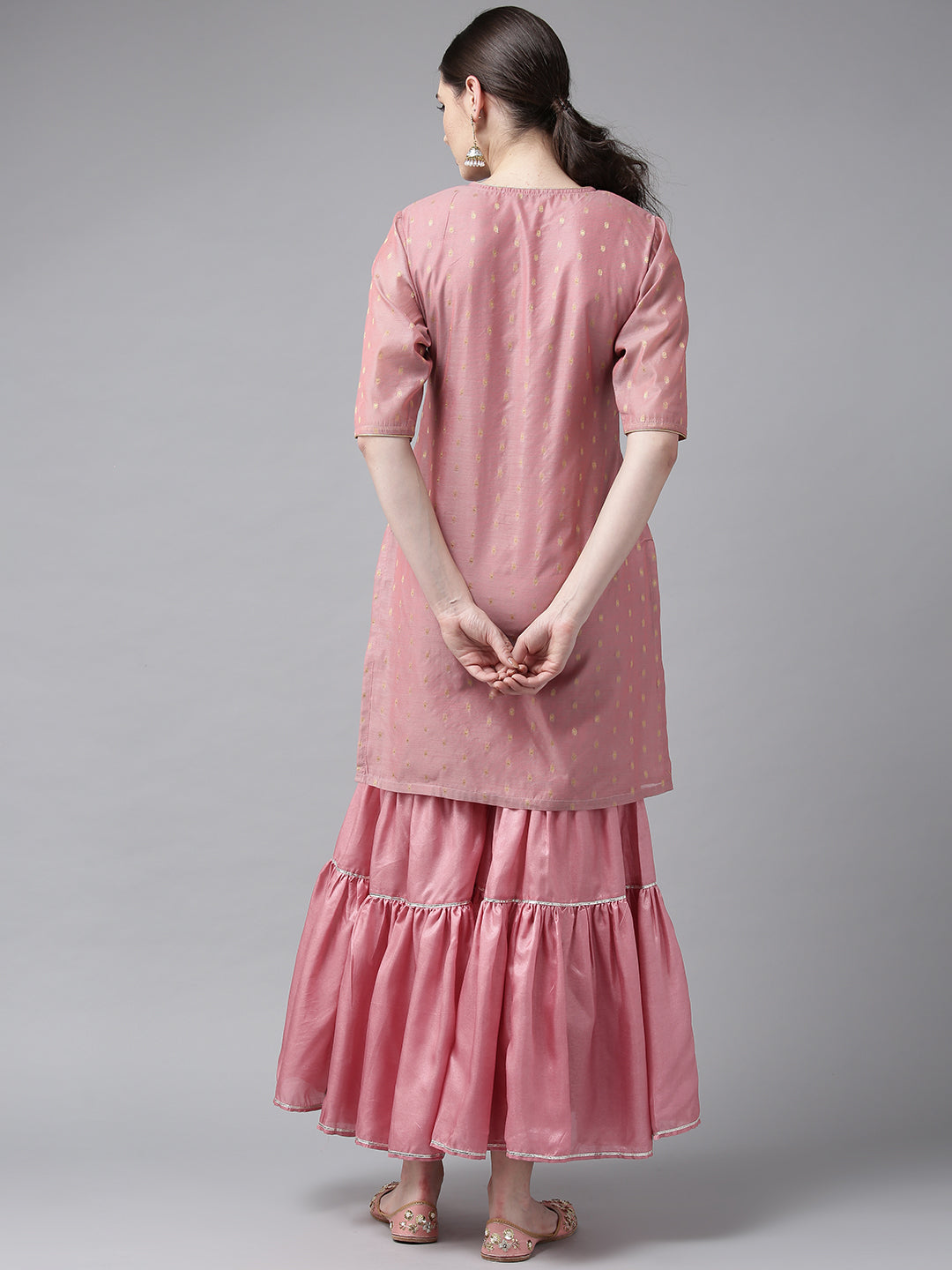 Pink And Golden Self Design Kurta With Sharara