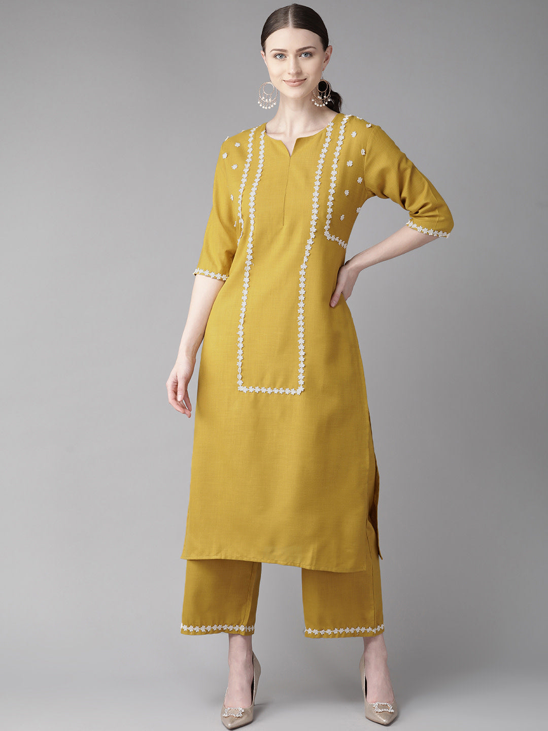 Bhama Couture Mustard Yellow Yoke Design Kurta With Palazzos