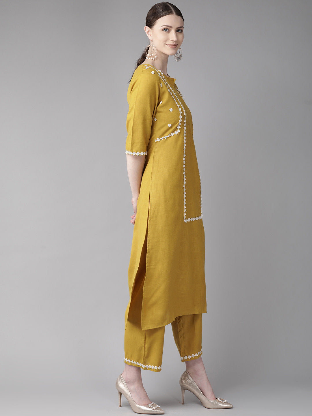 Bhama Couture Mustard Yellow Yoke Design Kurta With Palazzos