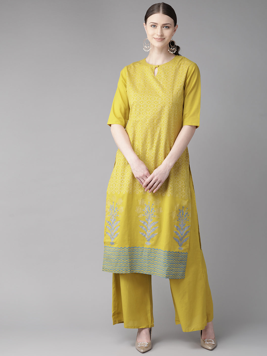 Bhama Couture Women Mustard Yellow & Off-White Block Printed Kurta with Palazzos