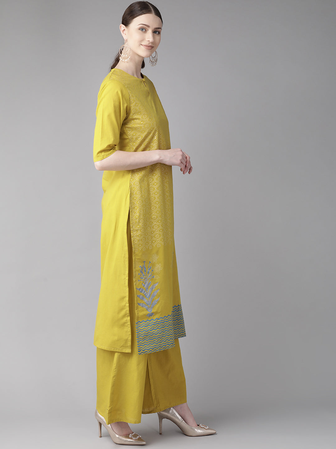 Bhama Couture Women Mustard Yellow & Off-White Block Printed Kurta with Palazzos